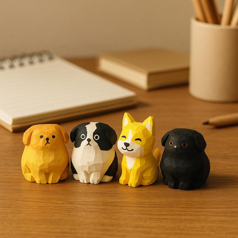 Hölzerne Hundefiguren, kleine geschnitzte Holzhundestatuen für Schreibtisch und Regal, lackiertes Massivholz
