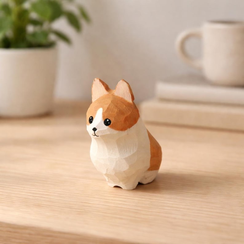 Hölzerne Hundefiguren, kleine geschnitzte Holzhundestatuen für Schreibtisch und Regal, lackiertes Massivholz