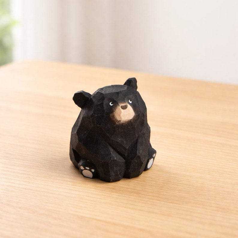Bärenfigur aus Holz, braun-schwarz-weiß, Schreibtisch- und Regaldekoration, 3,5 cm