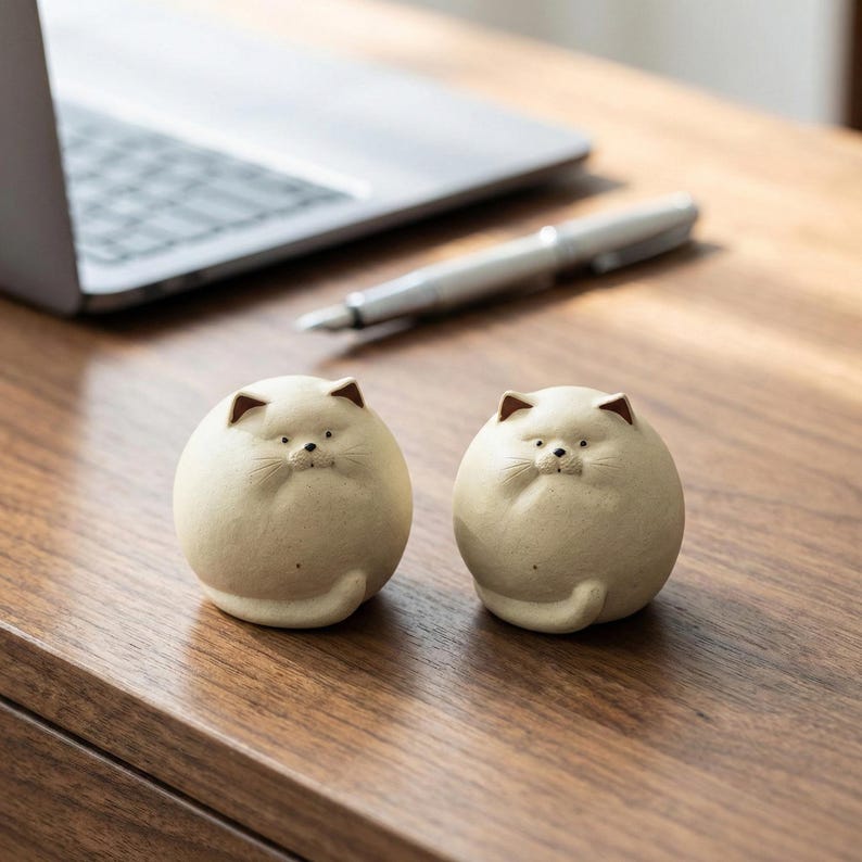 Runde Keramik Katzenfigur Set, 2 minimalistische Katzen-Figuren, Schreibtischdeko, 5 cm