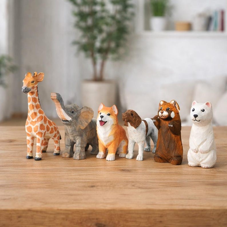 Massivholz Tierfigur, handbemalte Regalfigur, kleine Holz-Tierdekoration, ausgewählter Tierstil