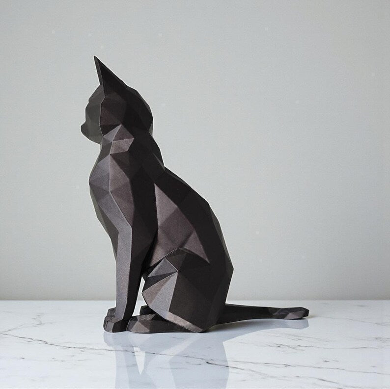 Low-Poly Katze Skulptur, sitzende Katze, minimalistische Tierfigur, moderne Katzen Deko, 3D Druck Kunst, matt, PLA