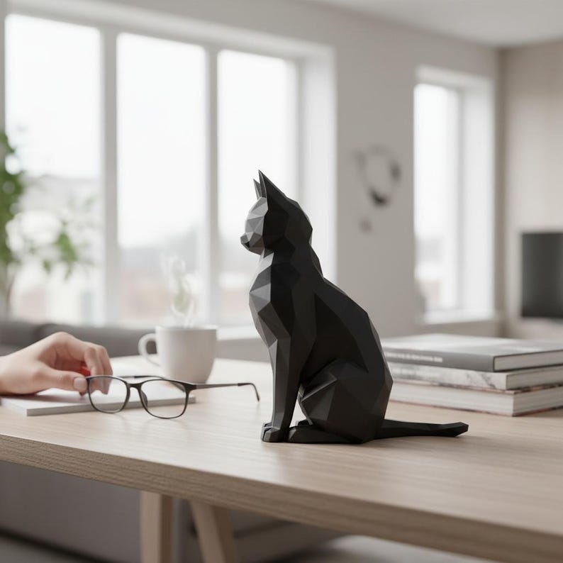 Low-Poly Katze Skulptur, sitzende Katze, minimalistische Tierfigur, moderne Katzen Deko, 3D Druck Kunst, matt, PLA