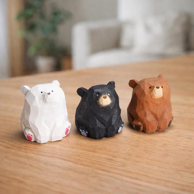 Bärenfigur aus Holz, braun-schwarz-weiß, Schreibtisch- und Regaldekoration, 3,5 cm