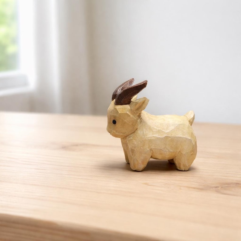 Holz Ziegenfigur, stehendes Ziegendekor mit bemalten Details, 5 cm, für Regal Bücherregal Schreibtisch, Bauernhaus Tierdekoration