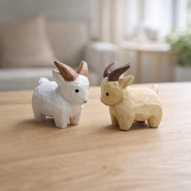 Holz Ziegenfigur, stehendes Ziegendekor mit bemalten Details, 5 cm, für Regal Bücherregal Schreibtisch, Bauernhaus Tierdekoration