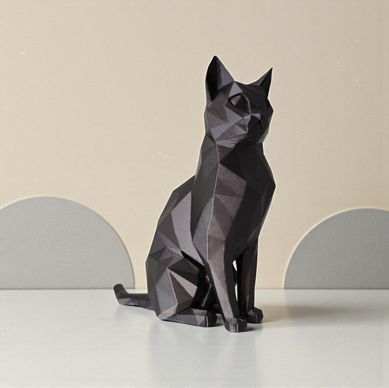 Low-Poly Katze Skulptur, sitzende Katze, minimalistische Tierfigur, moderne Katzen Deko, 3D Druck Kunst, matt, PLA