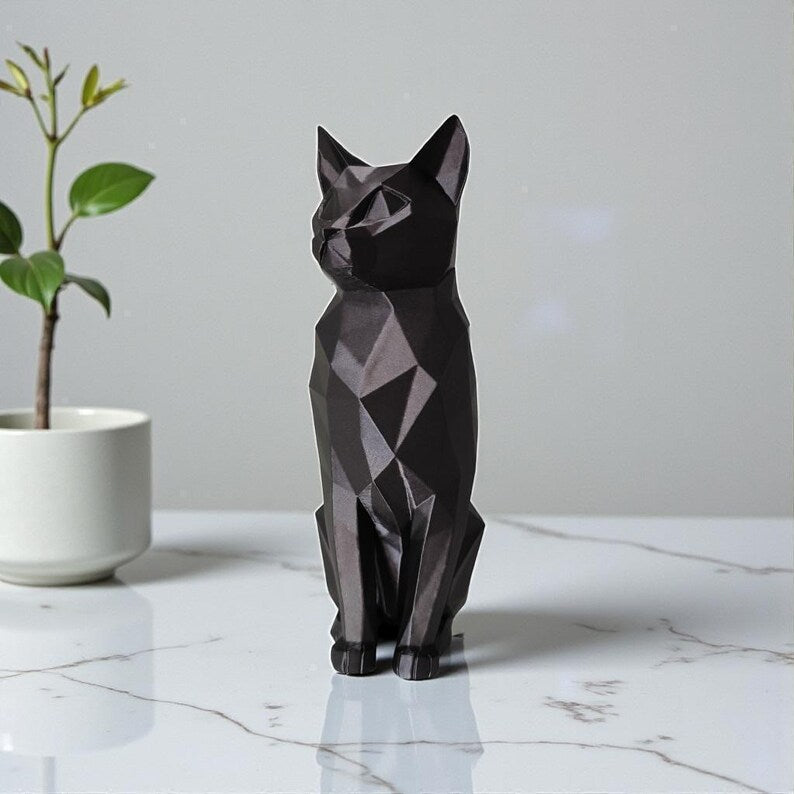Low-Poly Katze Skulptur, sitzende Katze, minimalistische Tierfigur, moderne Katzen Deko, 3D Druck Kunst, matt, PLA