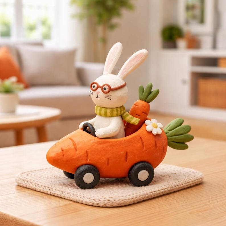 Osterhase Auto Figur aus Ton, Kaninchen fährt Karottenauto, Osterdekoration, 10–13 cm, handbemalt