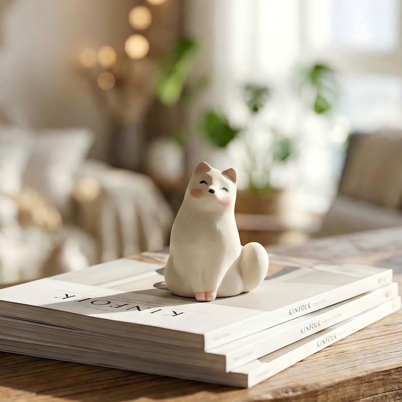 Handgefertigte Keramik Fuchs Figur, kleine Schreibtisch Dekoration, handbemalte Tier Statue, 3 cm x 4 cm