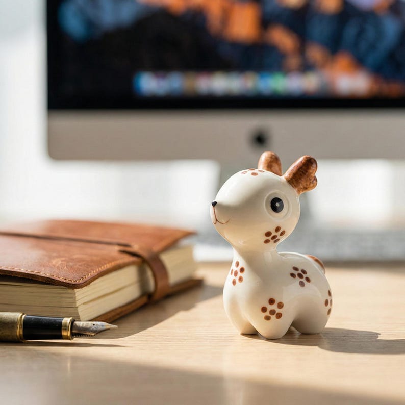 Handbemalte Keramik Hirsch Figur, Miniatur Rehkitz Statue, Wald Schreibtisch Dekor, 5 cm x 7 cm