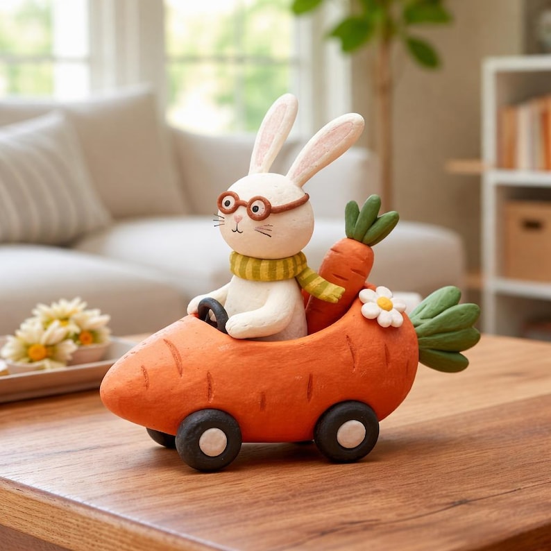 Osterhase Auto Figur aus Ton, Kaninchen fährt Karottenauto, Osterdekoration, 10–13 cm, handbemalt