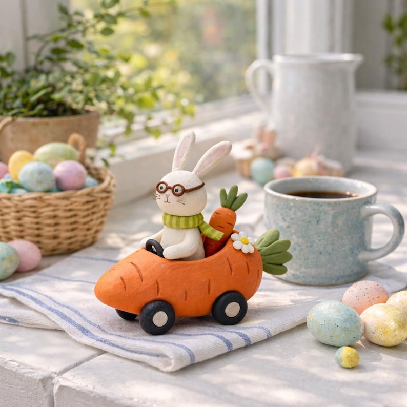 Osterhase Auto Figur aus Ton, Kaninchen fährt Karottenauto, Osterdekoration, 10–13 cm, handbemalt