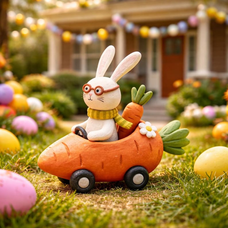 Osterhase Auto Figur aus Ton, Kaninchen fährt Karottenauto, Osterdekoration, 10–13 cm, handbemalt