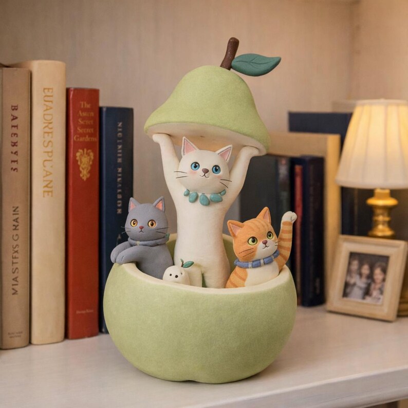 Handgefertigte Katzenfigur aus ultraleichtem Ton, Dekorationsstück für Schreibtisch und Regal, Matte Oberfläche, ca. 15 cm