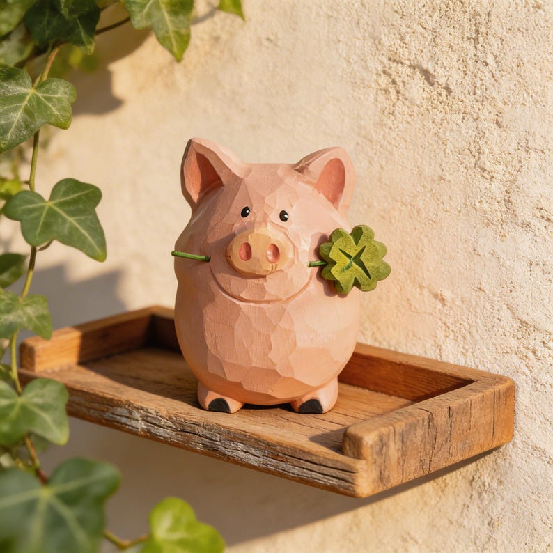Holz Schweinefigur mit Glücksklee, handgeschnitzter Stil, rosa, 9 cm, Bauernhaus Tierdekor