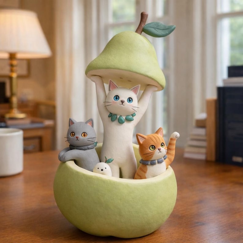 Handgefertigte Katzenfigur aus ultraleichtem Ton, Dekorationsstück für Schreibtisch und Regal, Matte Oberfläche, ca. 15 cm
