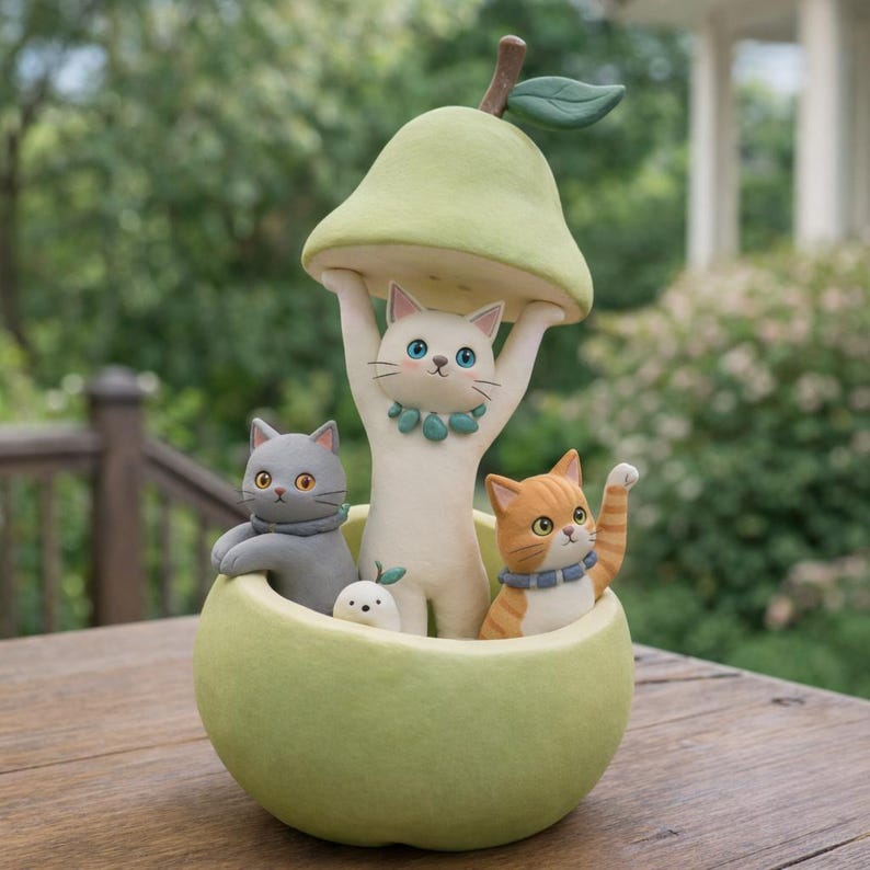 Handgefertigte Katzenfigur aus ultraleichtem Ton, Dekorationsstück für Schreibtisch und Regal, Matte Oberfläche, ca. 15 cm