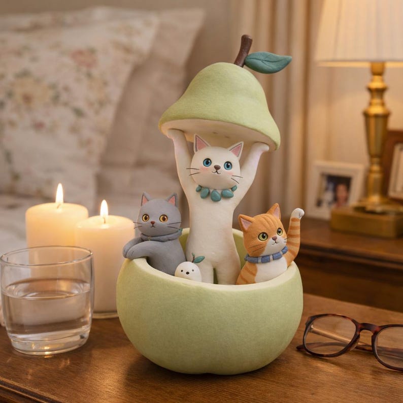 Handgefertigte Katzenfigur aus ultraleichtem Ton, Dekorationsstück für Schreibtisch und Regal, Matte Oberfläche, ca. 15 cm