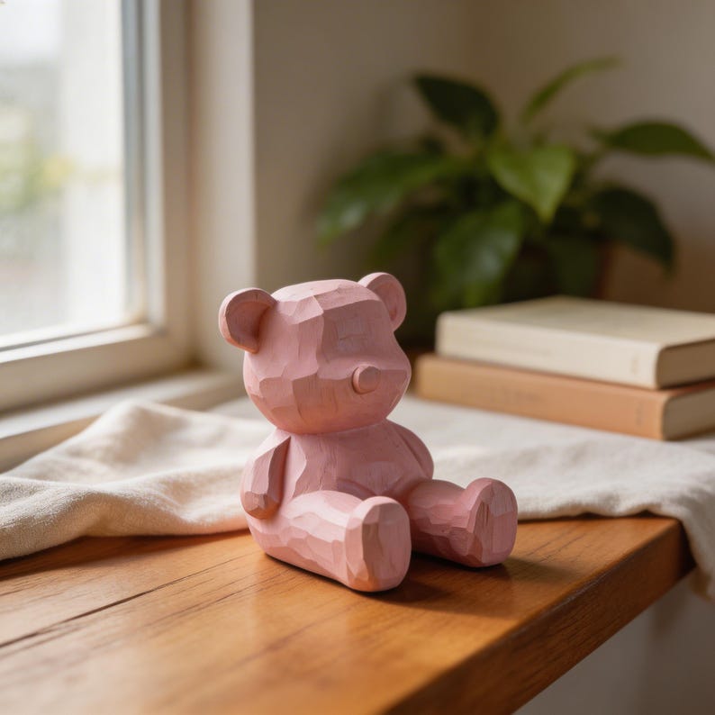 Handgeschnitzte hölzerne Teddybär-Figur, rosa Bär, 7,6 cm, Regaldekor & Kinderzimmer-Spielzeug