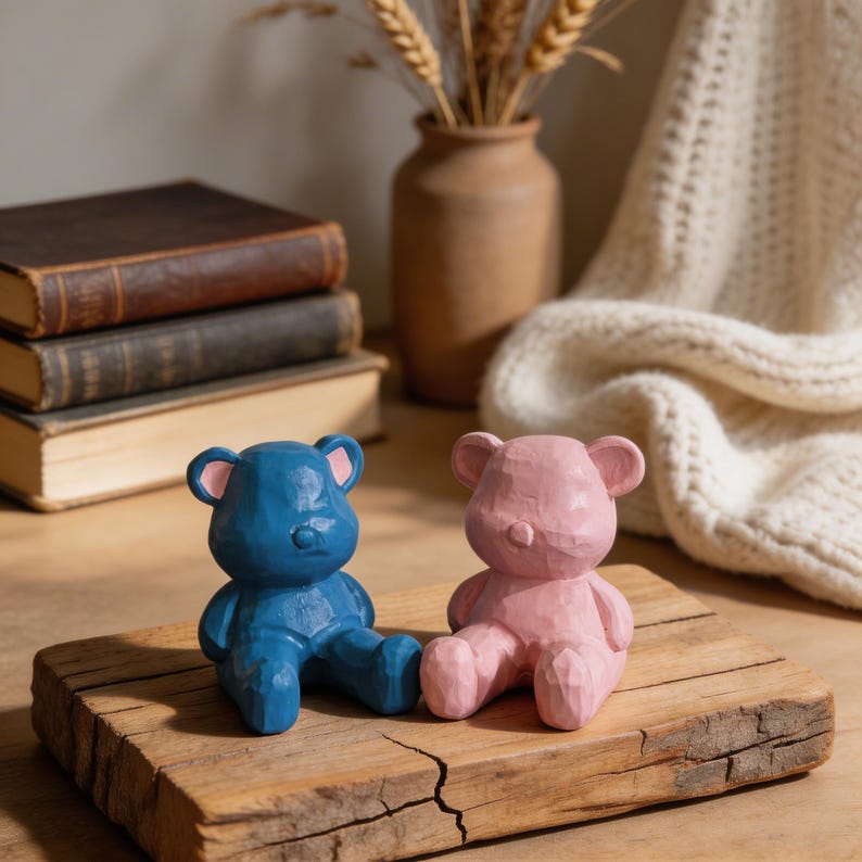 Handgeschnitzte hölzerne Teddybär-Figur, rosa Bär, 7,6 cm, Regaldekor & Kinderzimmer-Spielzeug