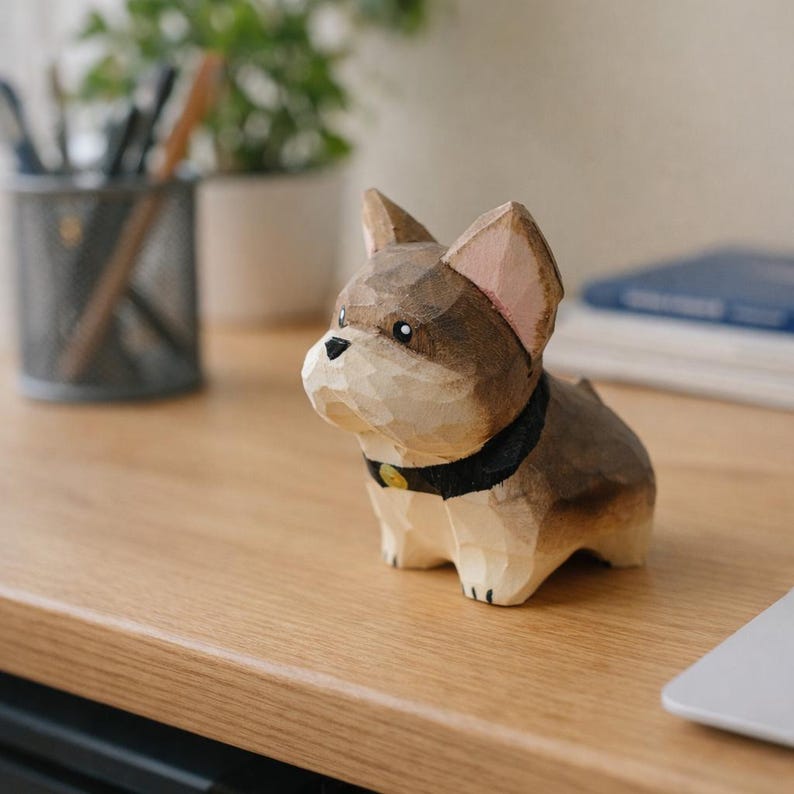Holz Französische Bulldogge Figur, kleine stehende Frenchie Hundestatue für Schreibtisch, Regal, Nachttisch, lackierte Holzmaserung, mehrere Farbstile
