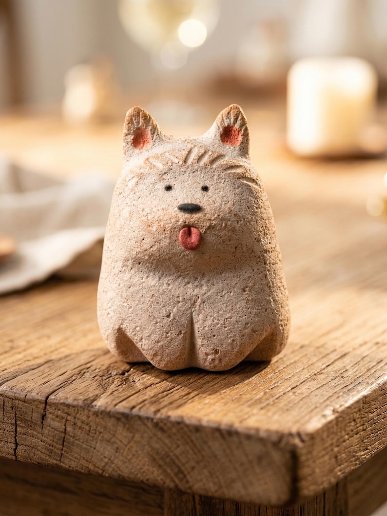 Handgefertigte rustikale Hundefigur, unglasierter Keramikstein, passiver Aromatherapie-Diffusor, 6 cm