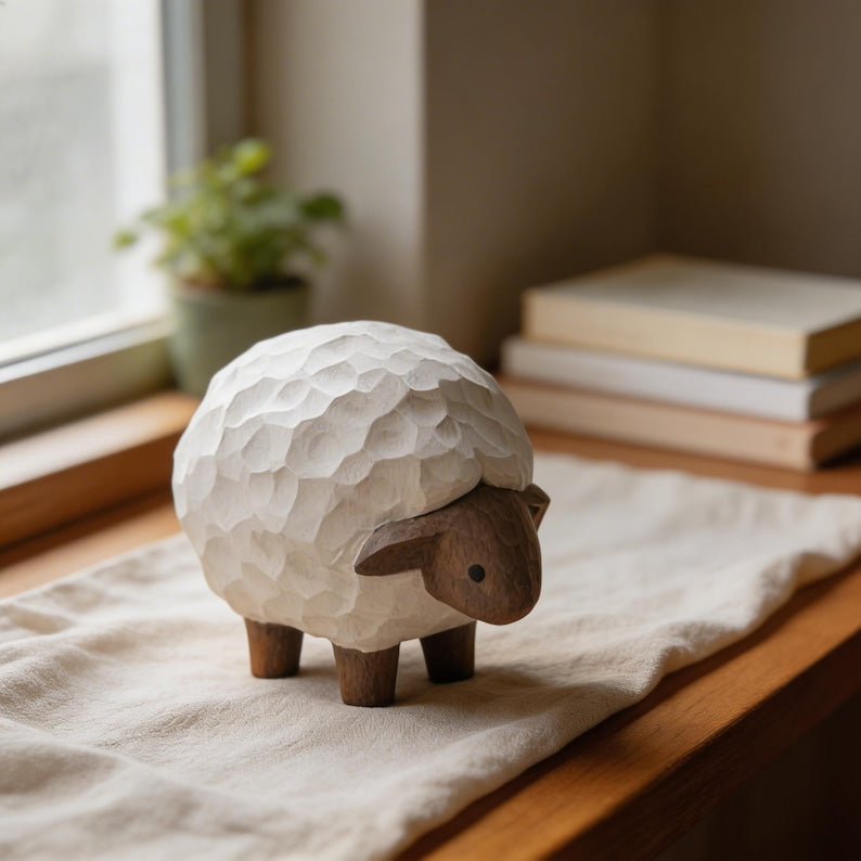 Holz Schaf Figur Dekor 7,5 cm, Weiß Naturbraun, Rustikale Bauernhaus Tierfigur für Regal, Tisch und Wohnzimmer