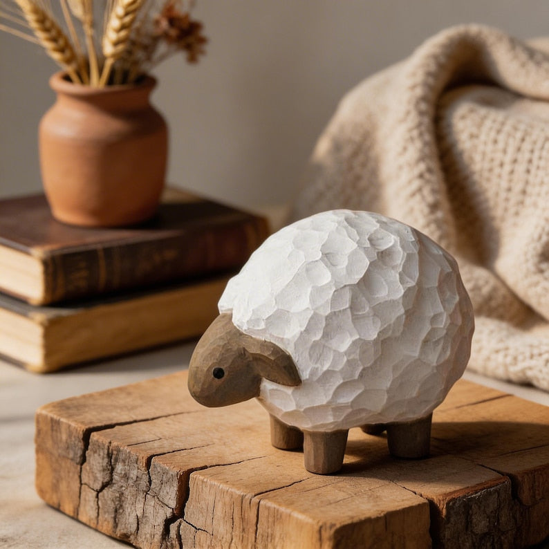 Holz Schaf Figur Dekor 7,5 cm, Weiß Naturbraun, Rustikale Bauernhaus Tierfigur für Regal, Tisch und Wohnzimmer