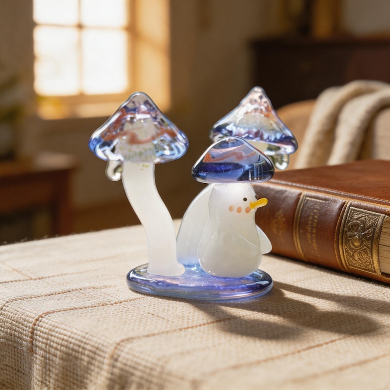Miniatur Glasvogel Figur mit blauem Pilzhut, handgeblasene Lampwork Glasskulptur, Walddekor für Schreibtisch und Feengarten, 7 cm