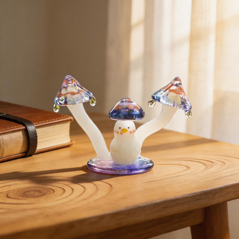 Miniatur Glasvogel Figur mit blauem Pilzhut, handgeblasene Lampwork Glasskulptur, Walddekor für Schreibtisch und Feengarten, 7 cm
