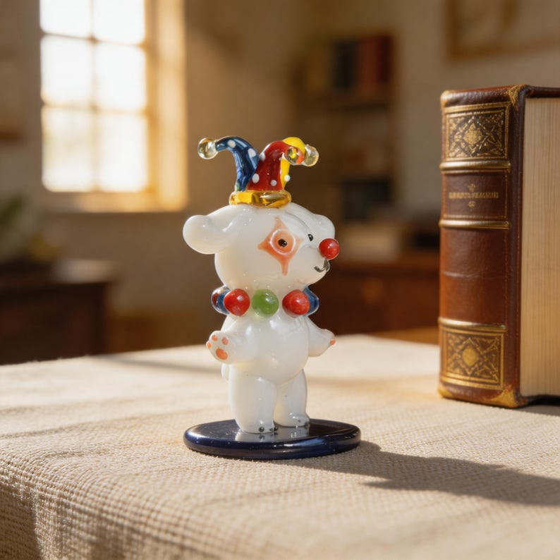 Handgefertigte Glas Clown Bär Figur mit Narrenhut, Lampwork Glasskulptur, 7 cm, Weiß Rot Blau Gelb Grün Schwarz, Zirkus Schreibtisch Dekor