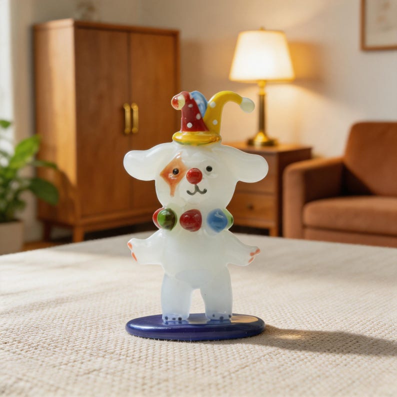 Handgefertigte Glas Clown Bär Figur mit Narrenhut, Lampwork Glasskulptur, 7 cm, Weiß Rot Blau Gelb Grün Schwarz, Zirkus Schreibtisch Dekor