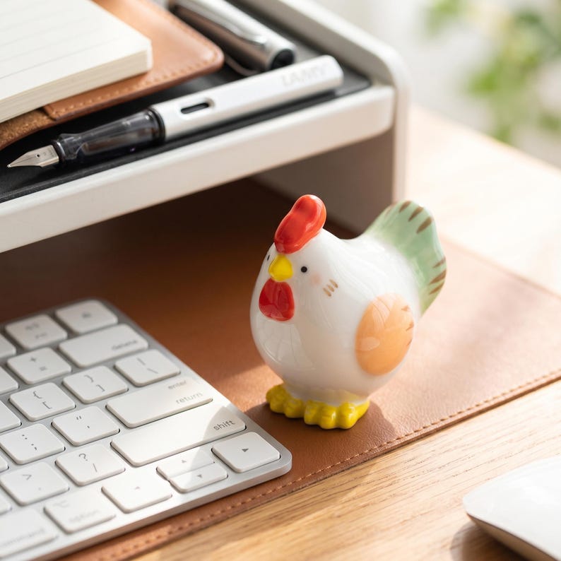 Handgefertigte Keramik Huhn Figuren, Miniatur Tier Statuen, Set aus Hahn und Henne, Bücherregal Schreibtisch Dekor