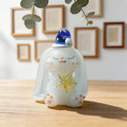 Glasfigurine Hase mit Blauer Schlafmütze und Goldenem Stern, 5,5 cm Mini Kaninchen Statue, Weiß Blau Pfirsich