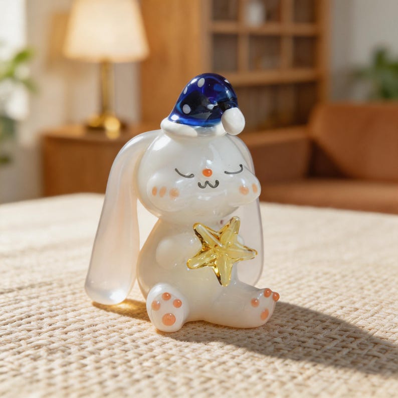 Glasfigurine Hase mit Blauer Schlafmütze und Goldenem Stern, 5,5 cm Mini Kaninchen Statue, Weiß Blau Pfirsich