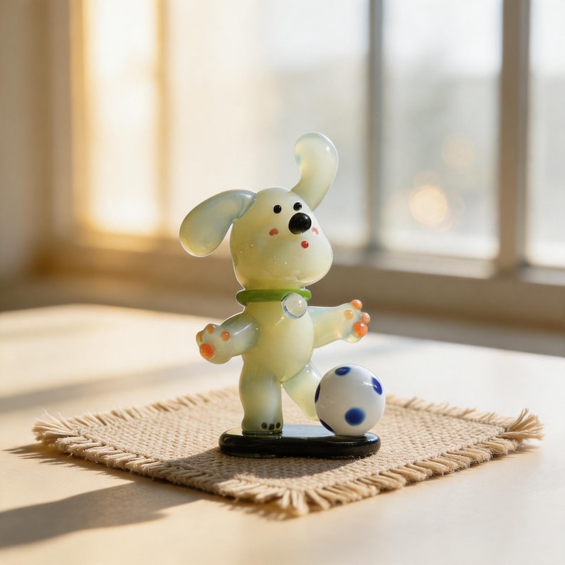 Fußball Häschen Figur mit Schlappohren und blau gepunktetem Ball, ca. 7 cm, kawaii Regal Dekor