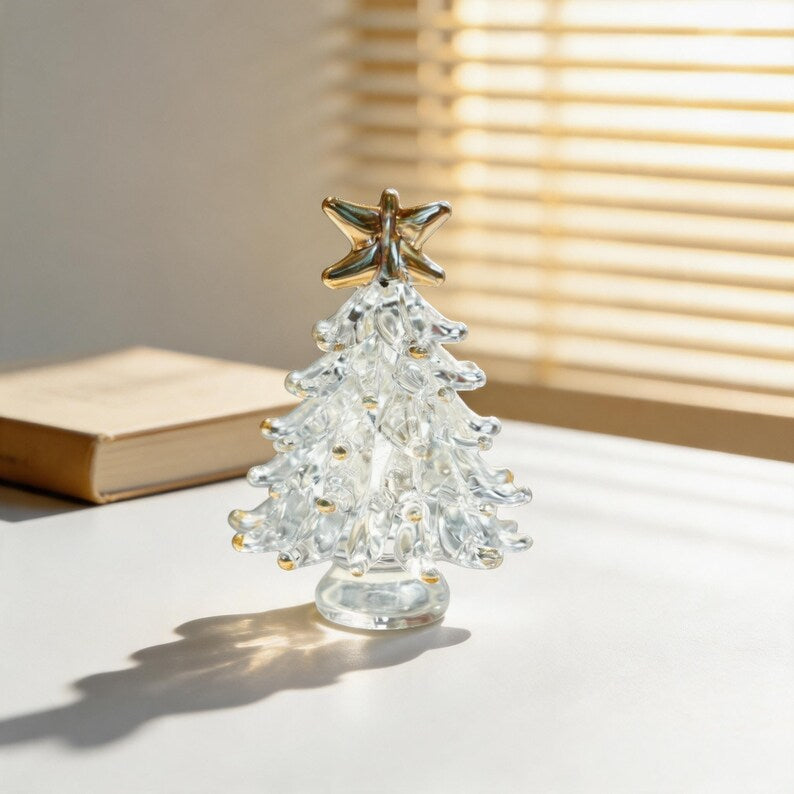 Mini Weihnachtsbaum Figur aus Glas mit Gold Stern Ornament, 6 cm Durchmesser, Tischdekor