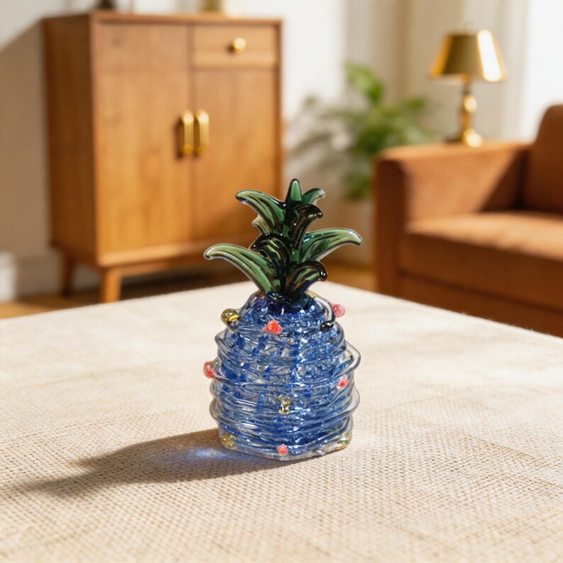 Mini Glas Ananas Figur 6,5 cm, Blau oder Rosa, Tropisches Obst Ornament, Schreibtisch Dekoration, Regal Deko