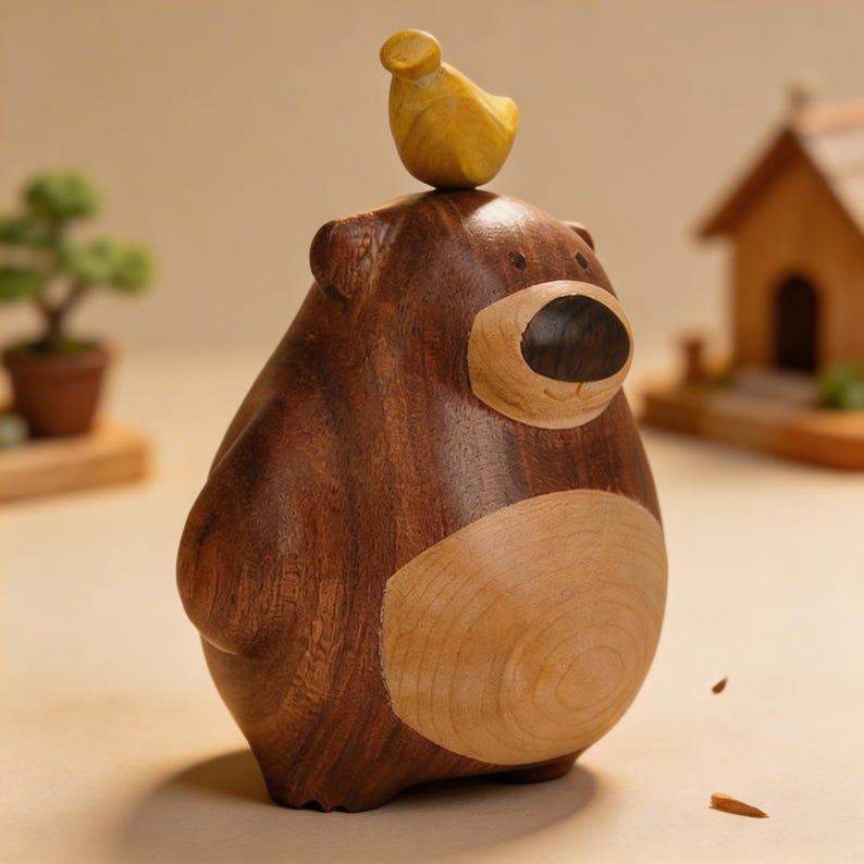 Holzbärenfigur mit Vogel, rustikale Waldtierstatue, handgefertigte Schreibtisch- und Regaldekoration, 10 cm