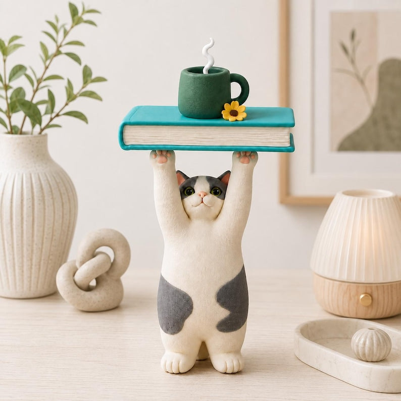 Handgefertigte Tonkatze Figurine, 13 cm, Ultraleichter lufttrocknender Ton, Dekorative Schreibtischverzierung