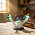 Miniatur Glasvogel Figur mit blauem Pilzhut, handgeblasene Lampwork Glasskulptur, Walddekor für Schreibtisch und Feengarten, 7 cm