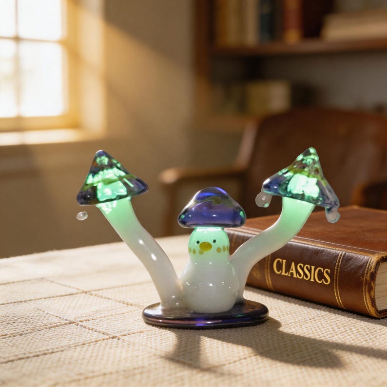 Miniatur Glasvogel Figur mit blauem Pilzhut, handgeblasene Lampwork Glasskulptur, Walddekor für Schreibtisch und Feengarten, 7 cm