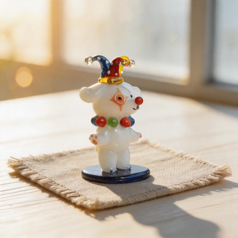 Handgefertigte Glas Clown Bär Figur mit Narrenhut, Lampwork Glasskulptur, 7 cm, Weiß Rot Blau Gelb Grün Schwarz, Zirkus Schreibtisch Dekor