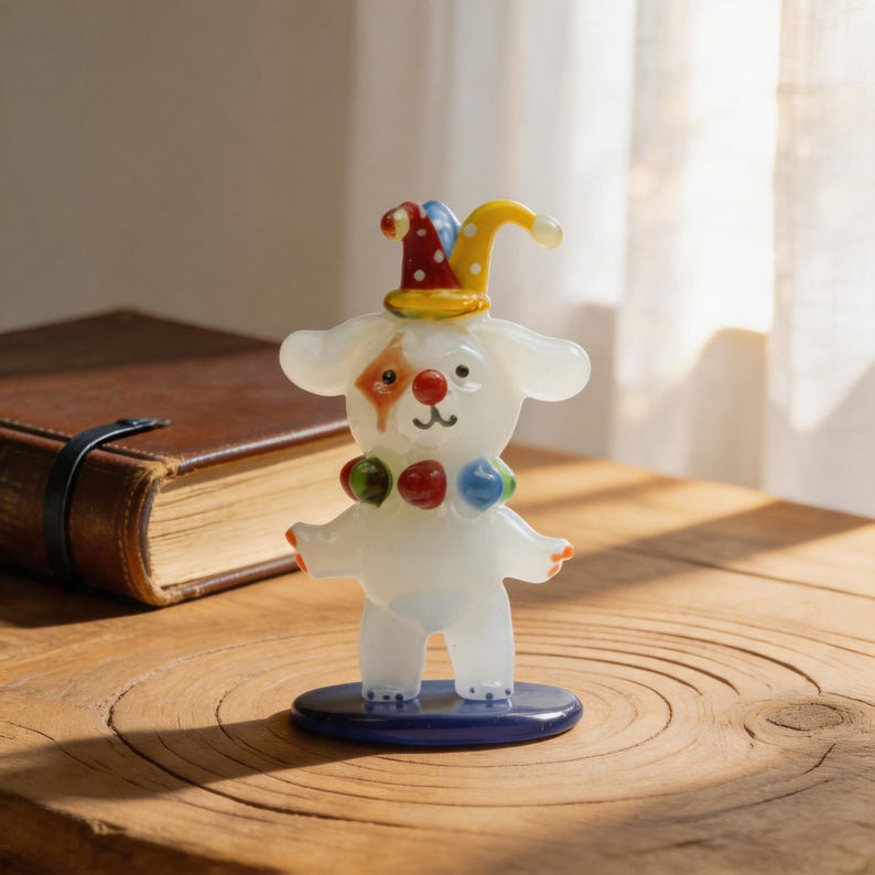 Handgefertigte Glas Clown Bär Figur mit Narrenhut, Lampwork Glasskulptur, 7 cm, Weiß Rot Blau Gelb Grün Schwarz, Zirkus Schreibtisch Dekor