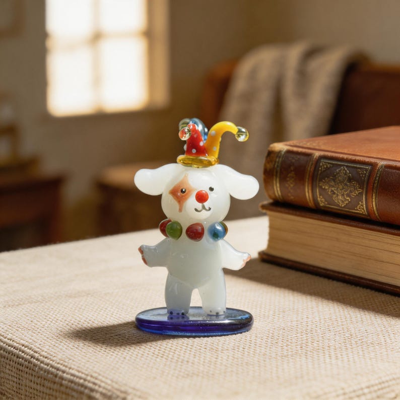 Handgefertigte Glas Clown Bär Figur mit Narrenhut, Lampwork Glasskulptur, 7 cm, Weiß Rot Blau Gelb Grün Schwarz, Zirkus Schreibtisch Dekor