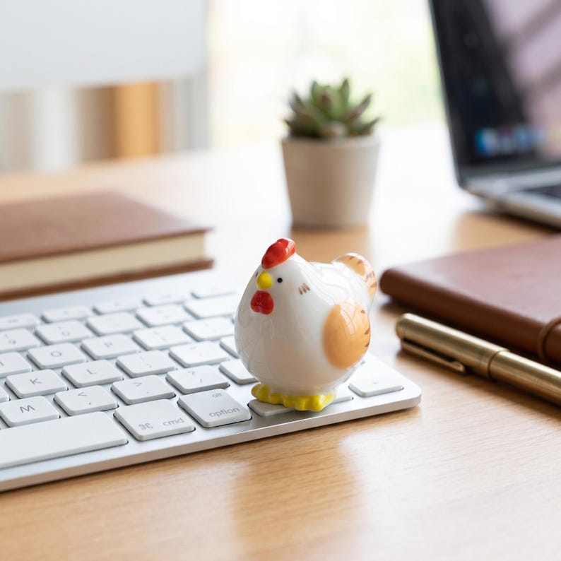 Handgefertigte Keramik Huhn Figuren, Miniatur Tier Statuen, Set aus Hahn und Henne, Bücherregal Schreibtisch Dekor