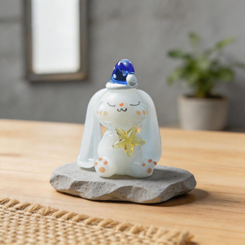 Glasfigurine Hase mit Blauer Schlafmütze und Goldenem Stern, 5,5 cm Mini Kaninchen Statue, Weiß Blau Pfirsich