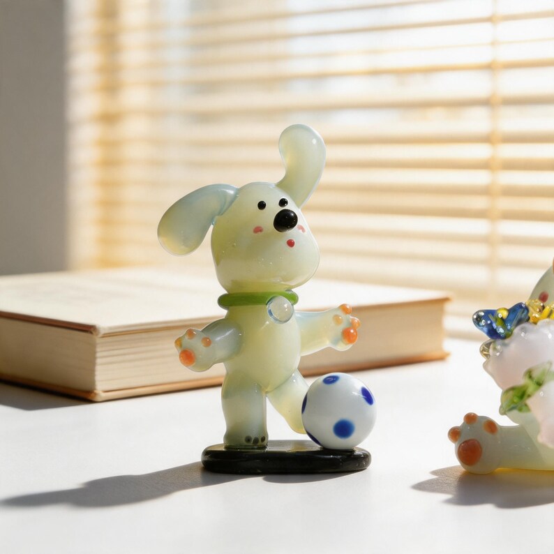 Fußball Häschen Figur mit Schlappohren und blau gepunktetem Ball, ca. 7 cm, kawaii Regal Dekor