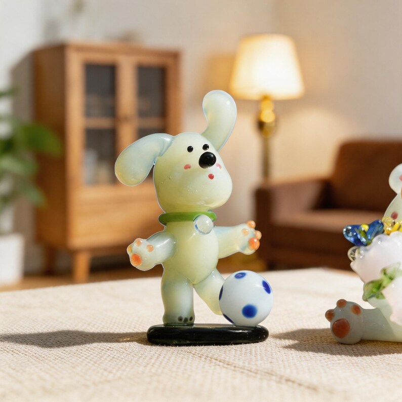 Fußball Häschen Figur mit Schlappohren und blau gepunktetem Ball, ca. 7 cm, kawaii Regal Dekor